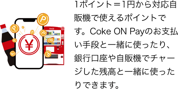1ポイント＝1円から対応自販機で使えるポイントです。Coke ON Payのお支払い手段と一緒に使ったり、銀行口座や自販機でチャージした残高と一緒に使ったりできます。