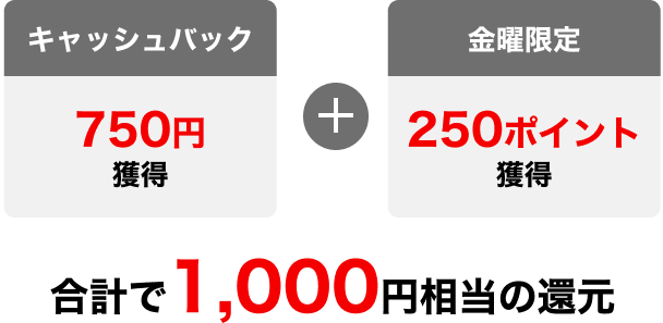 キャッシュバック 1,000円 獲得 金曜限定 250ポイント 獲得 合計で1,250円相当の還元